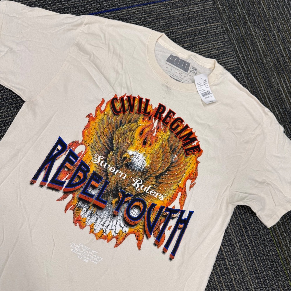 Civil Regime Rebel Youth Eagle Flames Graphic T Shirt Beige Mens L